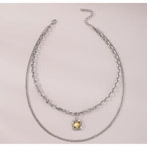 Faux Citrine Necklace Silver Tone Double Strand Adjustable Old Money Layered